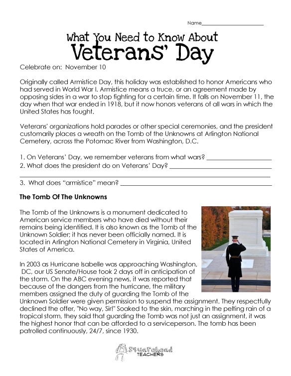 Veterans’ Day Worksheet UPDATED | Squarehead Teachers